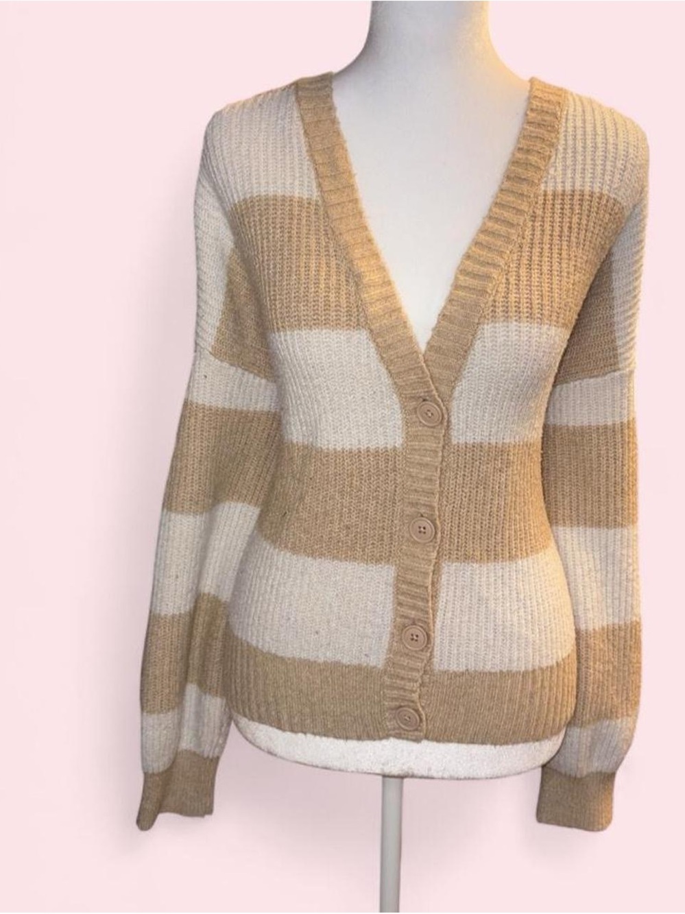 American Eagle Outfitters Striped V-Neck Button Cardigan in Cream & Tan